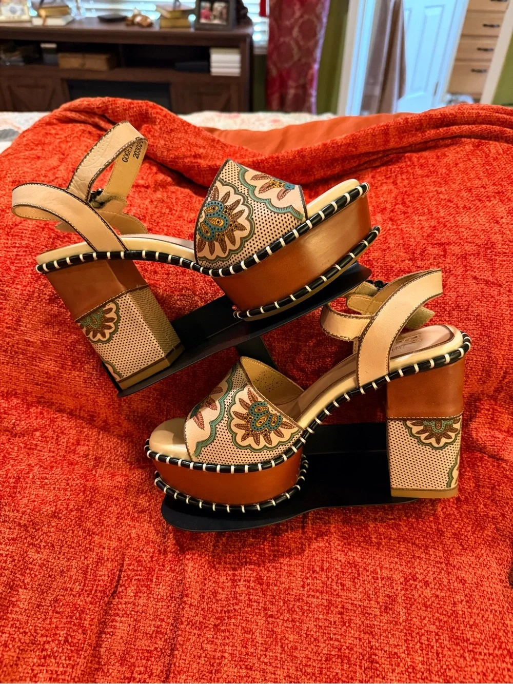 L'ARTISTE Beige Platform Slingbacks with Teal & Tan Floral Hand Painted Leather